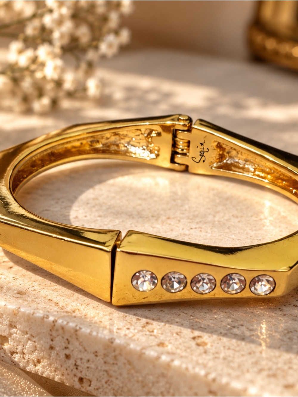 Gold Crystal-Accent Hinged Bangle Bracelet by Sugar